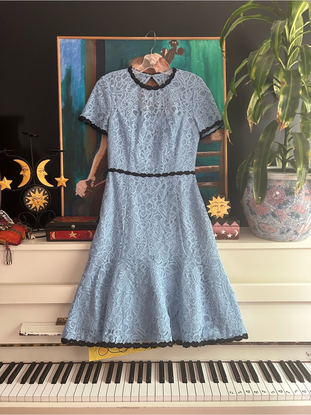 Adelyn Rae Blue Lace Midi Dress Black Trim Fit Flare Y2K Coquette Size S